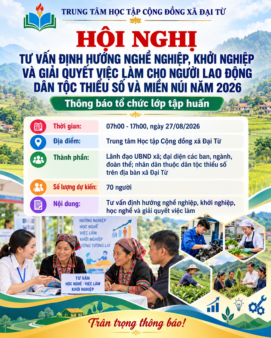 TRUNG TÂM HỌC TẬP CỘNG ĐỒNG XÃ ĐẠI TỪ TỔ CHỨC HỘI NGHỊ TƯ VẤN ĐỊNH HƯỚNG NGHỀ NGHIỆP, KHỞI NGHIỆP VÀ GIẢI QUYẾT VIỆC LÀM CHO NGƯỜI LAO ĐỘNG DÂN TỘC THIỂU SỐ VÀ MIỀN NÚI NĂM 2026