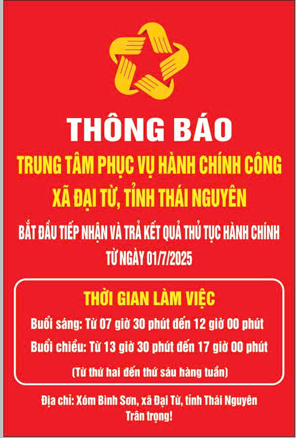 Thông báo thời gian tiếp nhận và giải quyết thủ tục hành chính 
