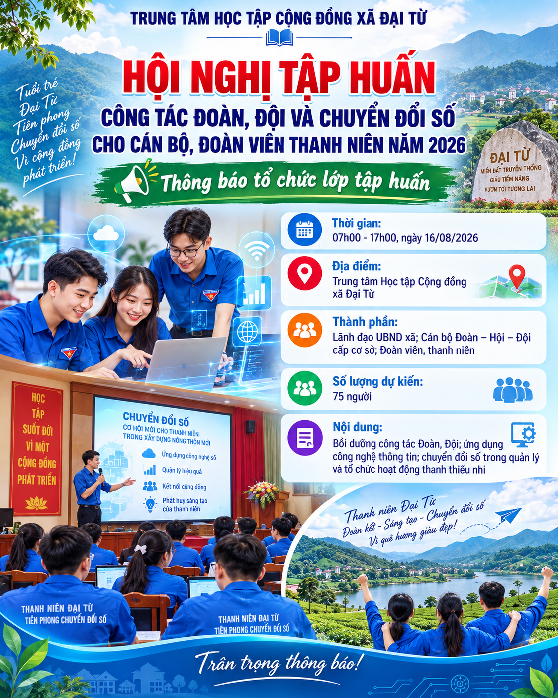 TRUNG TÂM HỌC TẬP CỘNG ĐỒNG XÃ ĐẠI TỪ TỔ CHỨC HỘI NGHỊ TẬP HUẤN CÔNG TÁC ĐOÀN, ĐỘI VÀ CHUYỂN ĐỔI SỐ NĂM 2026