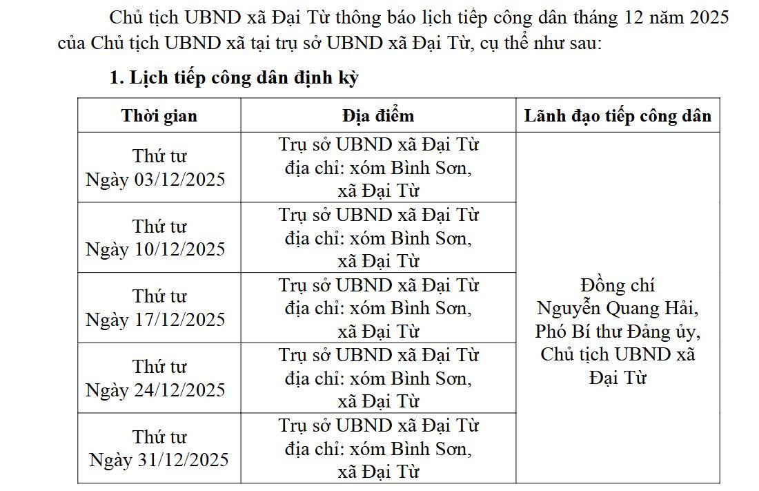Thông báo Lịch tiếp công dân tháng 12 năm 2025 của Chủ tịch UBND xã Đại Từ