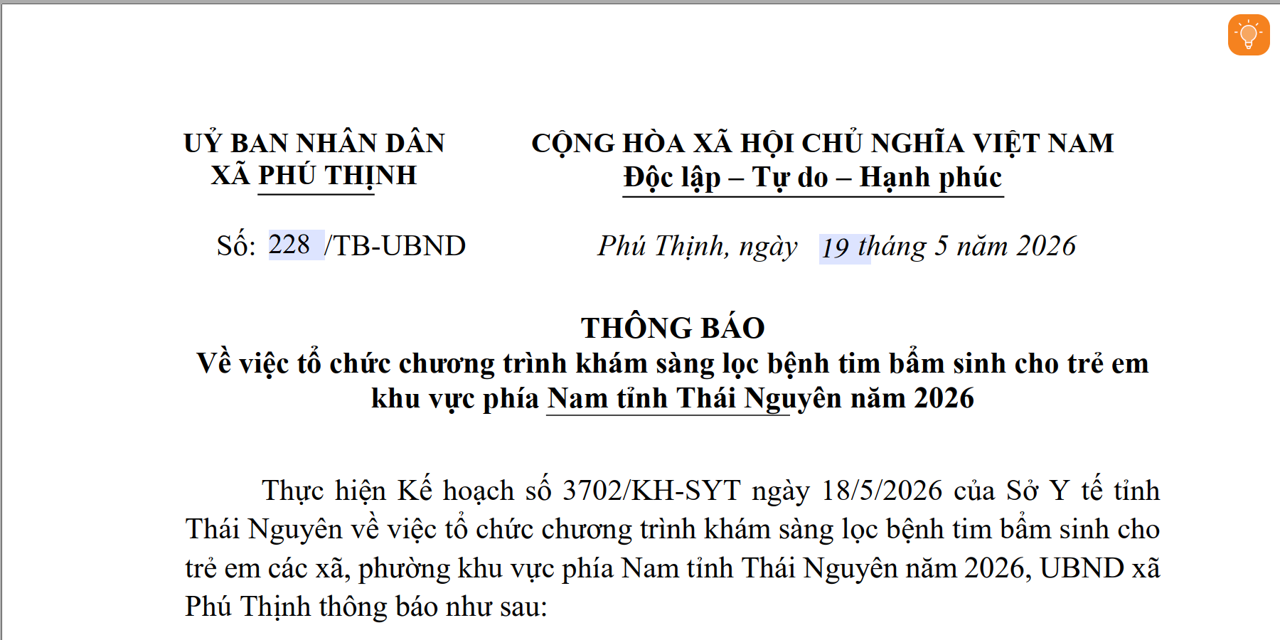 Thông báo về việc tổ chức chương trình khám sàng lọc bệnh tim bẩm sinh cho trẻ em khu vực phía Nam tỉnh Thái Nguyên năm 2026