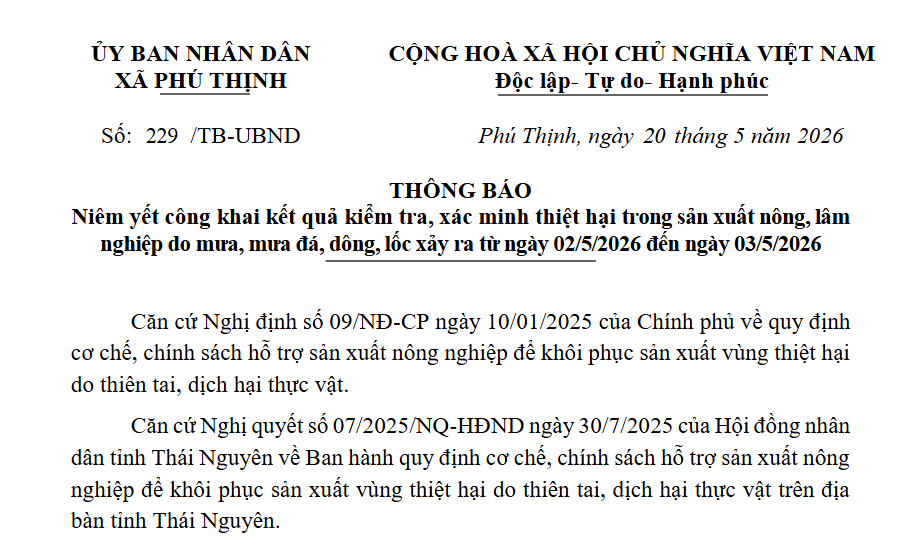 Thông báo Niêm yết công khai kết quả kiểm tra, xác minh thiệt hại trong sản xuất nông, lâm nghiệp do mưa, mưa đá, dông, lốc xảy ra từ ngày 02/5/2026 đến ngày 03/5/2026