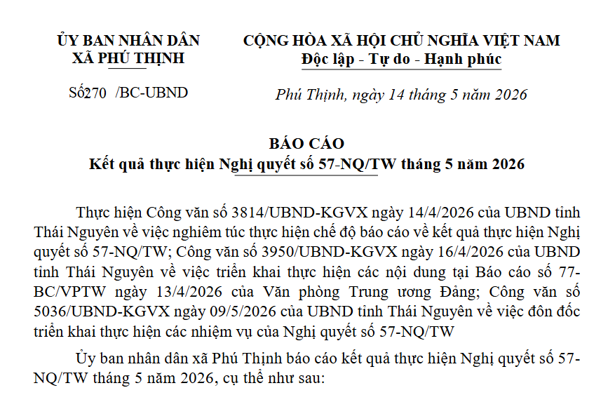 Báo cáo kết quả thực hiện Nghị quyết số 57-NQ/TW tháng 5 năm 2026