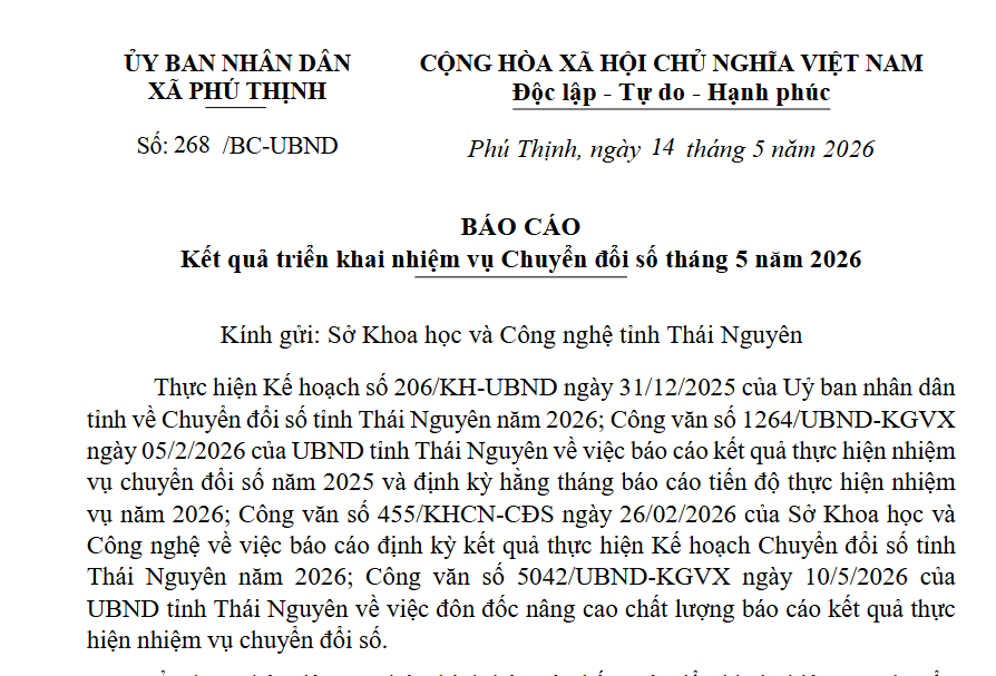 Báo cáo kết quả triển khai nhiệm vụ Chuyển đổi số tháng 5 năm 2026