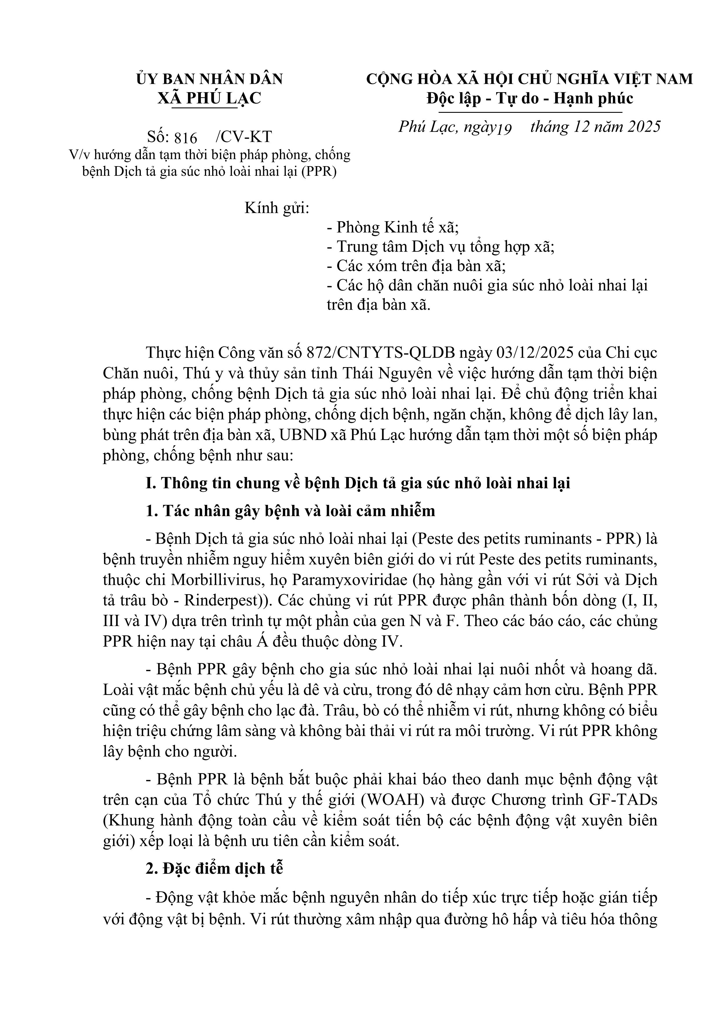 Dướng dẫn tạm thời biện pháp phòng, chống bệnh Dịch tả gia súc nhỏ loài nhai lại