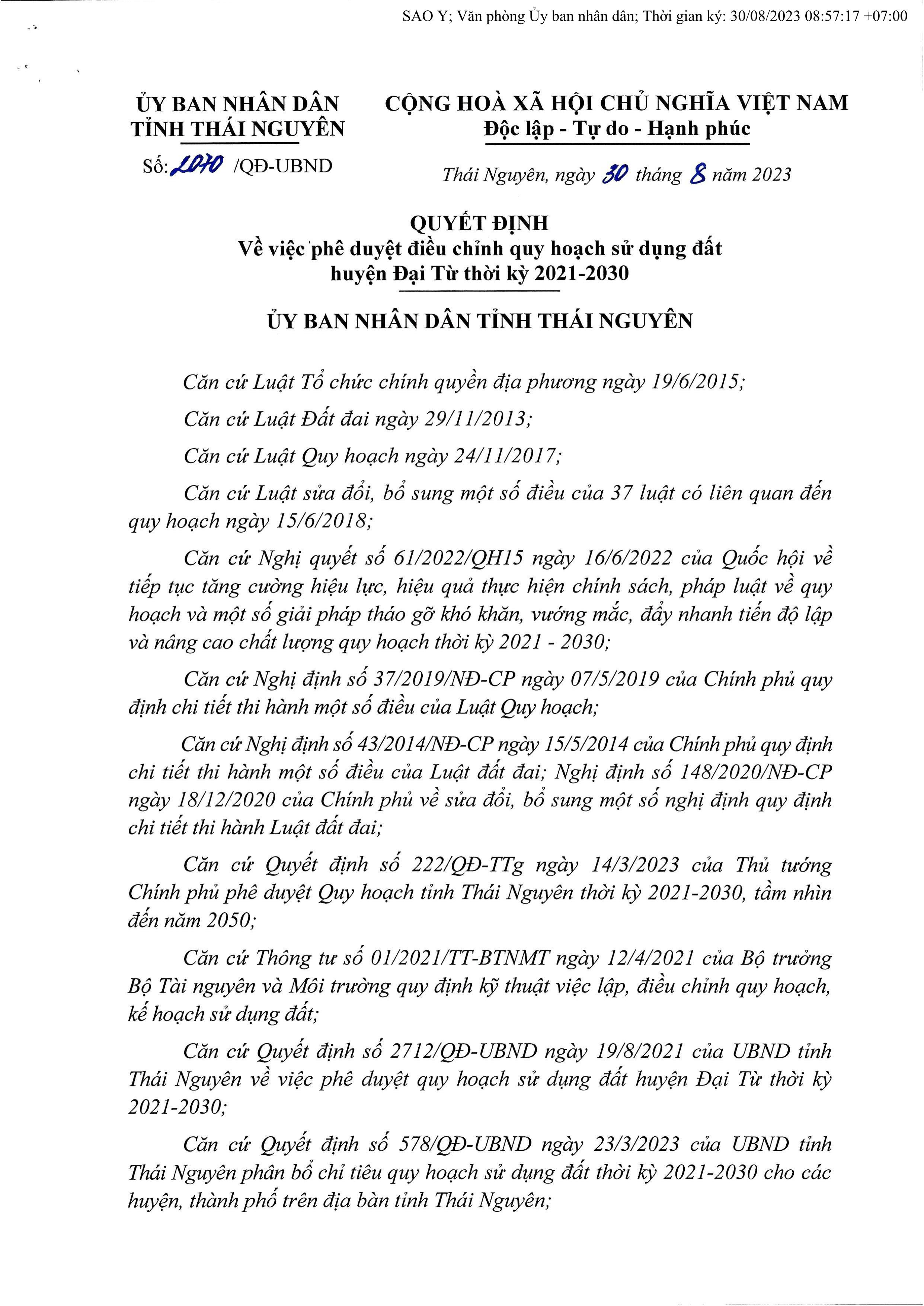 QĐ Phê duyệt điều chỉnh quy hoạch sử dụng đất huyện Đại Từ thời kỳ 2021-2030