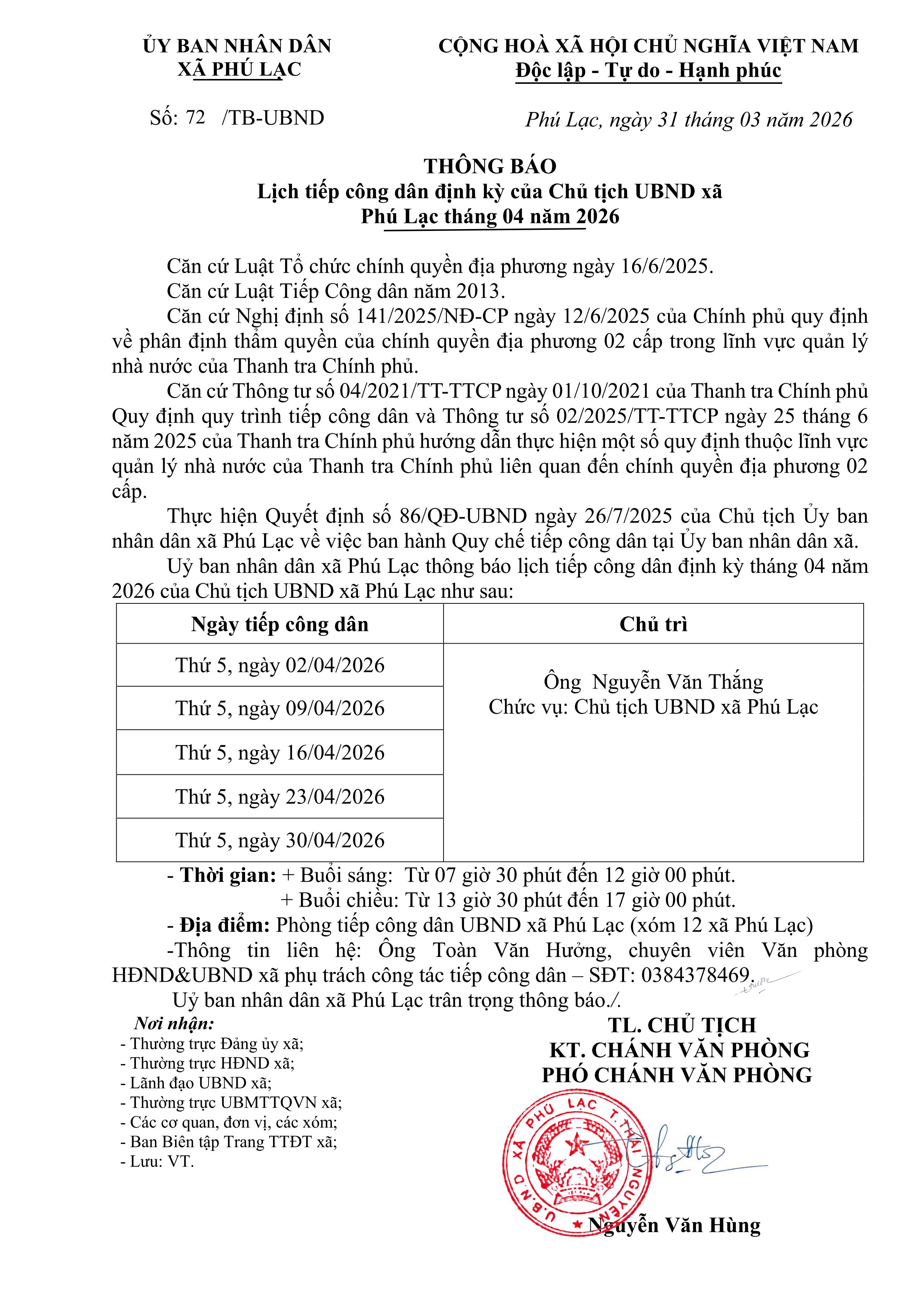 Lịch tiếp công dân định kỳ của Chủ tịch UBND xã Phú Lạc tháng 4 năm 2026