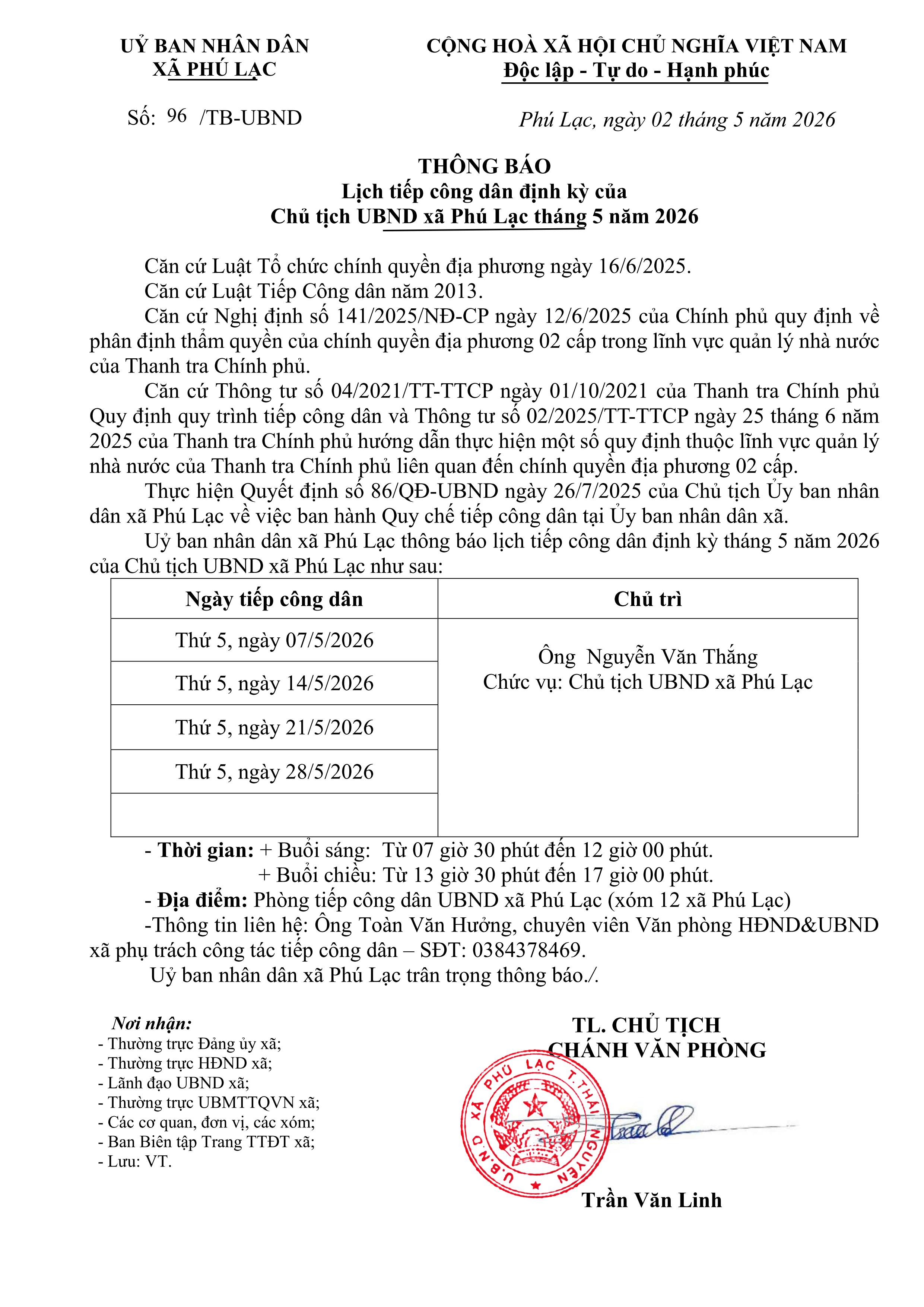 LỊCH TIẾP CÔNG DÂN CỦA CHỦ TỊCH UBND XÃ PHÚ LẠC THÁNG 5 NĂM 2026