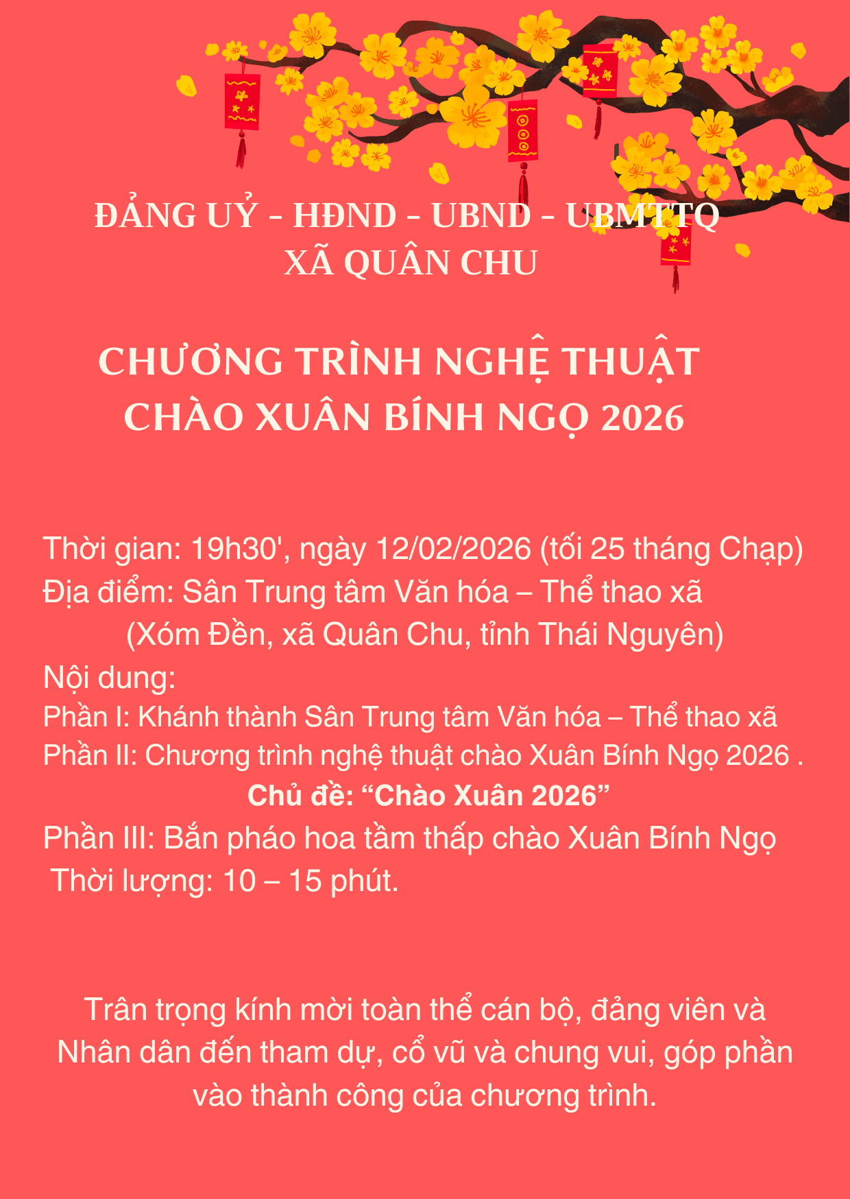 XÃ QUÂN CHU TỔ CHỨC CHƯƠNG TRÌNH NGHỆ THUẬT CHÀO XUÂN BÍNH NGỌ VÀ KHÁNH THÀNH SÂN TRUNG TÂM VĂN HÓA - THỂ THAO