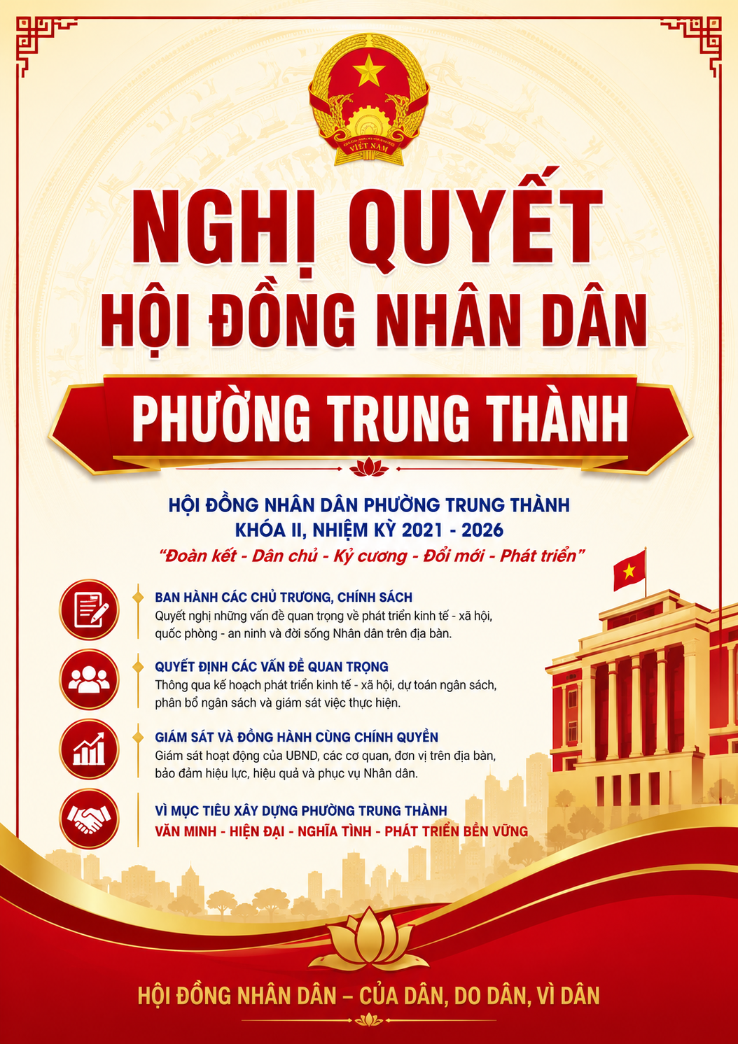 HĐND phường Trung Thành ban hành Nghị quyết về việc ban hành Quy chế làm việc của Hội đồng nhân dân, Thường trực Hội đồng nhân dân, Ban của Hội đồng nhân dân, Tổ đại biểu Hội đồng nhân dân và Đại biểu Hội đồng nhân dân phường Trung Thành Khóa II, nhiệm kỳ 2026-2031