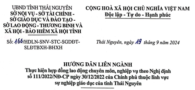 Hướng dẫn liên ngành thực hiện hợp đồng lao động chuyên môn, nghiệp vụ theo Nghị định số 111/2022/NĐ-CP ngày 30/12/2022 của Chính phủ thuộc lĩnh vực sự nghiệp giáo dục của tỉnh Thái Nguyên