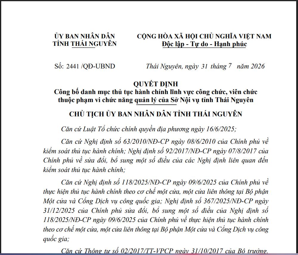 Quyết định công bố danh mục thủ tục hành chính lĩnh vực công chức thuộc phạm vi chức năng quản lý của Sở Nội vụ tỉnh Thái Nguyên
