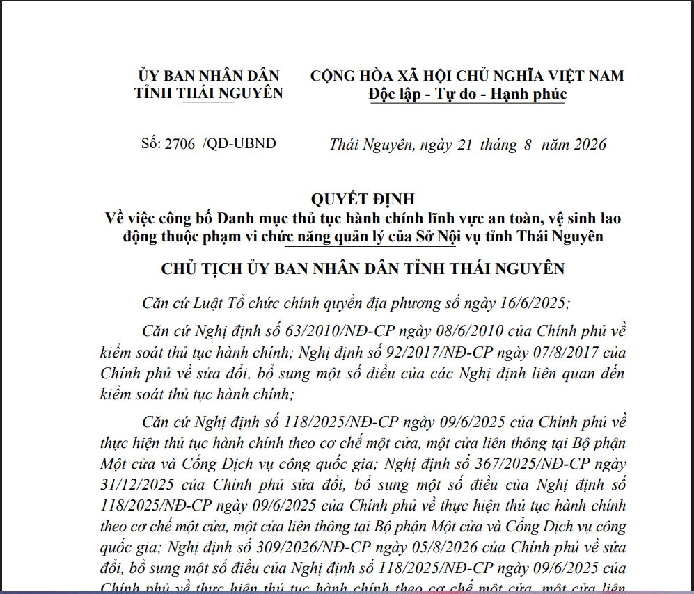 Quyết định về việc công bố Danh mục thủ tục hành chính lĩnh vực an toàn, vệ sinh lao động thuộc phạm vi chức năng quản lý của Sở Nội vụ tỉnh Thái Nguyên