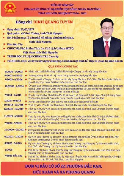 Trân trọng giới thiệu tiểu sử tóm tắt của các đồng chí thuộc cơ quan Ủy ban MTTQ Việt Nam tỉnh Thái Nguyên tham gia ứng cử đại biểu HĐND tỉnh Thái Nguyên nhiệm kỳ 2026 -2031.