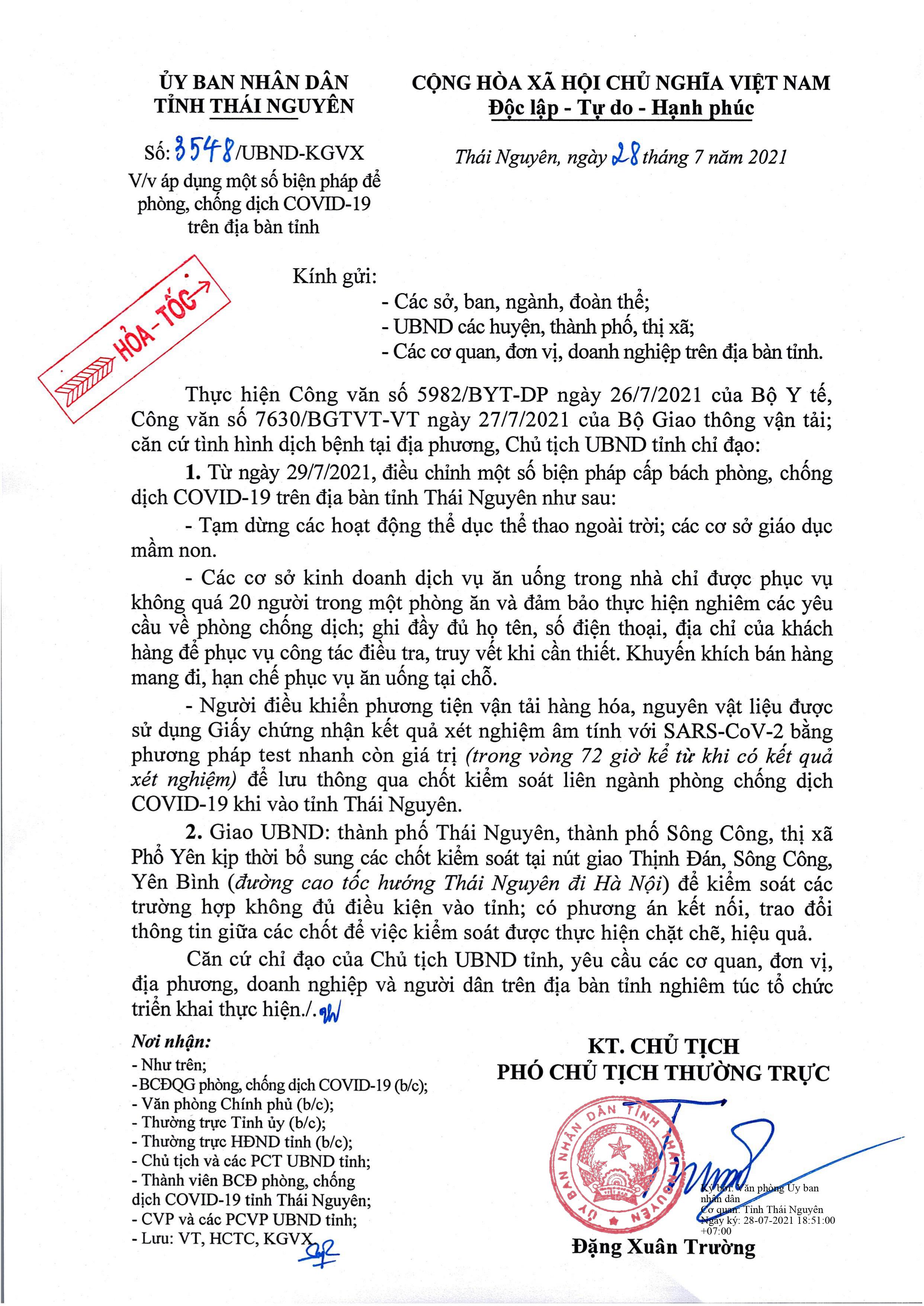 Ngày 28/7/2021, UBND tỉnh ban hành công văn số 3548/UBND-KGVX về việc áp dụng một số biện pháp để phòng, chống dịch COVID-19 trên địa bàn tỉnh