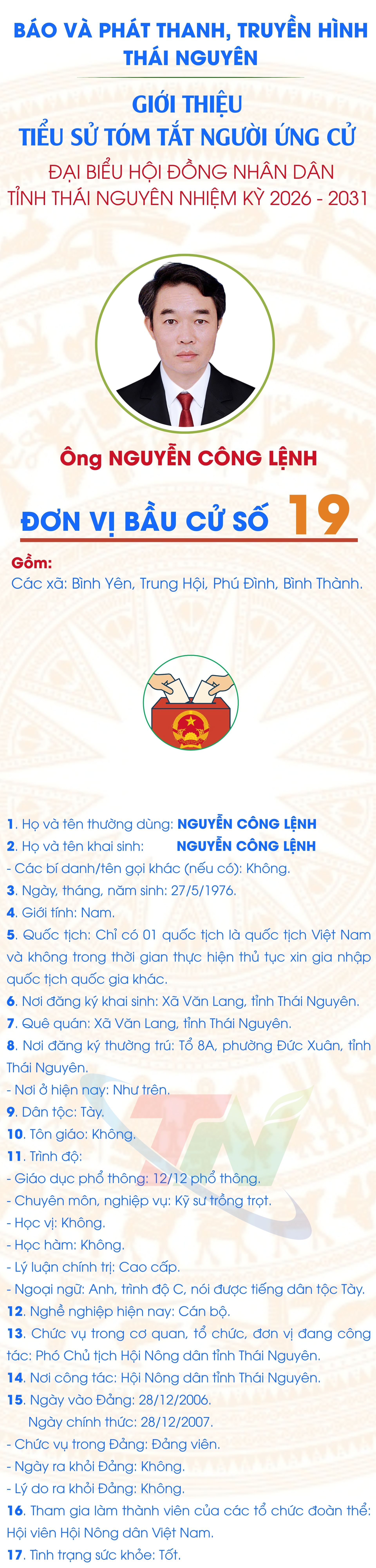 Tiểu sử tóm tắt của người ứng cử đại biểu HĐND tỉnh Thái Nguyên nhiệm kỳ 2026-2031 (Đơn vị bầu cử số 19)