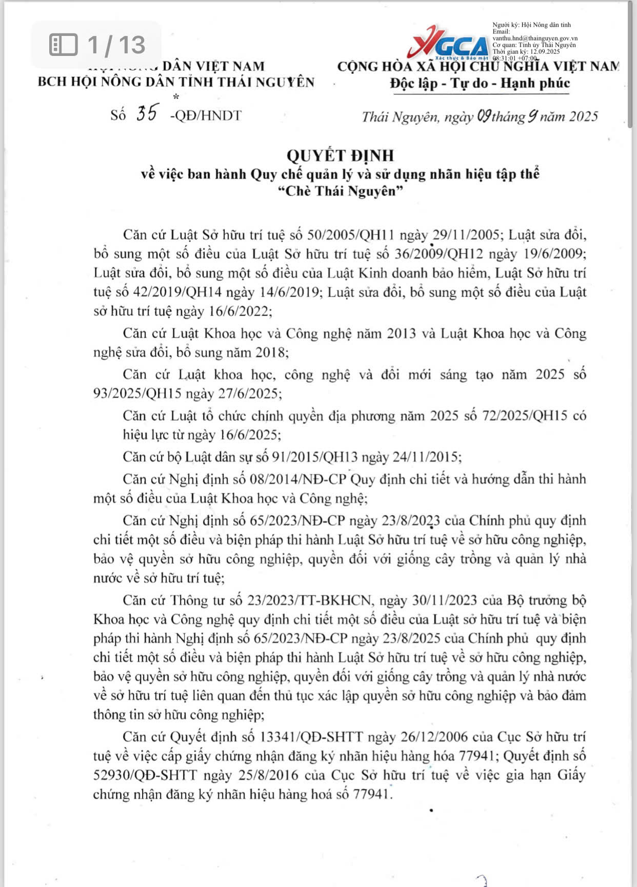Quyết định ban hành quy chế quản lý và sử dụng Nhãn hiệu tập thể "Chè Thái Nguyên"