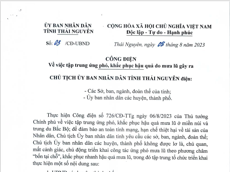 Công điện chỉ đạo ứng phó, khắc phục hậu quả do mưa lũ gây ra của UBND tỉnh Thái Nguyên
