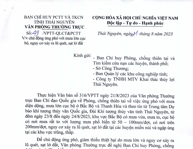 Văn bản chỉ đạo chủ động ứng phó với mưa lớn, nguy cơ lũ quét, sạt lở đất
