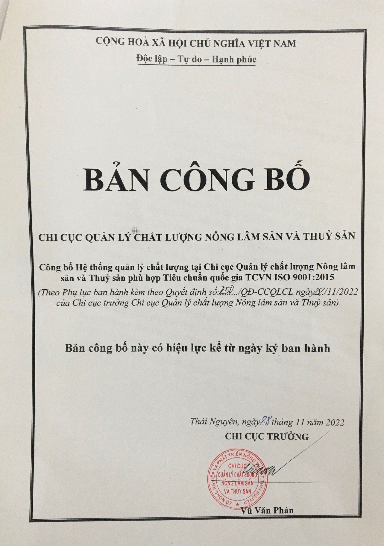 Công bố Hệ thống quản lý chất lượng phù hợp Tiêu chuẩn quốc gia TCVN ISO 9001:2015