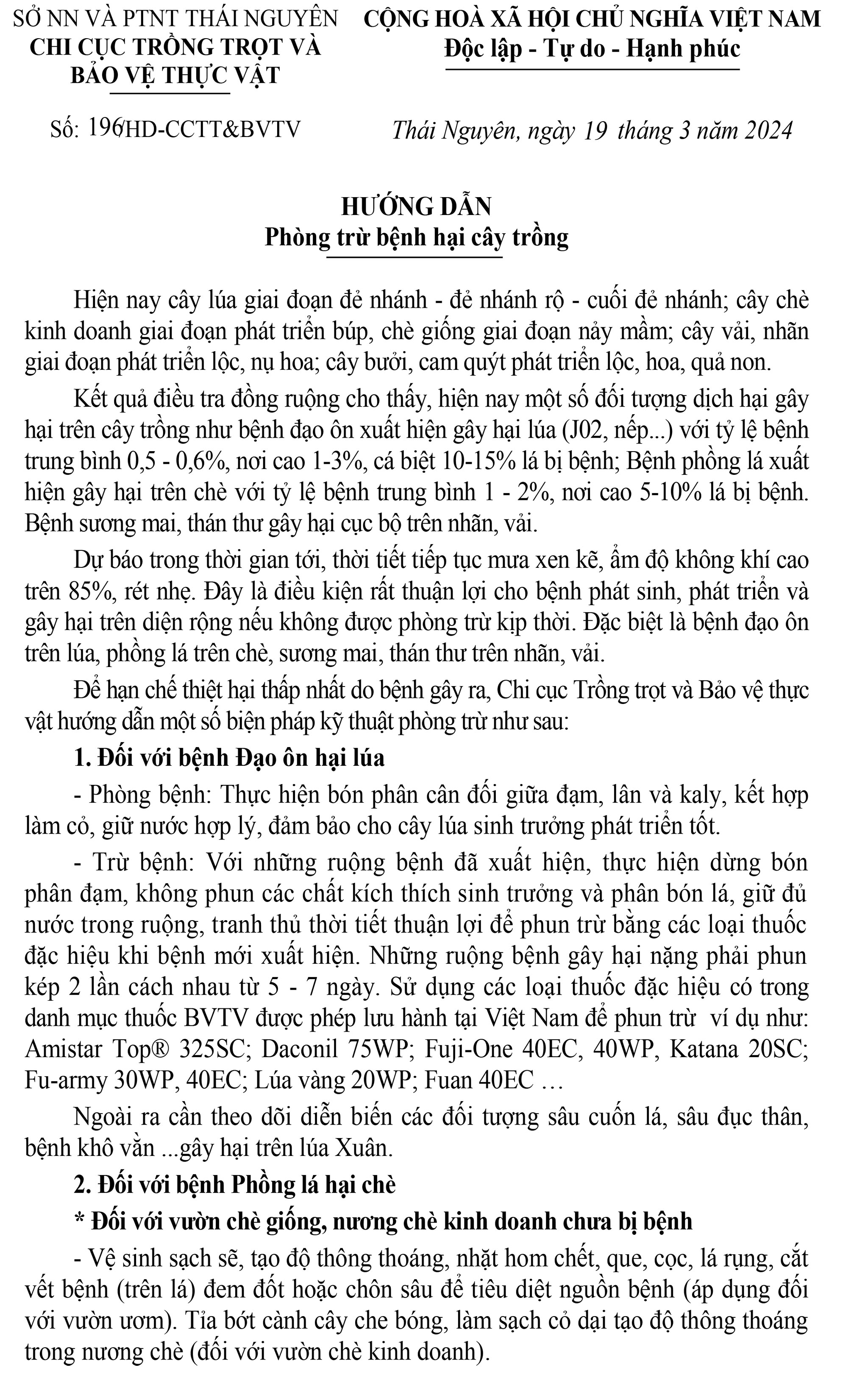 Hướng dẫn Phòng trừ bệnh hại cây trồng