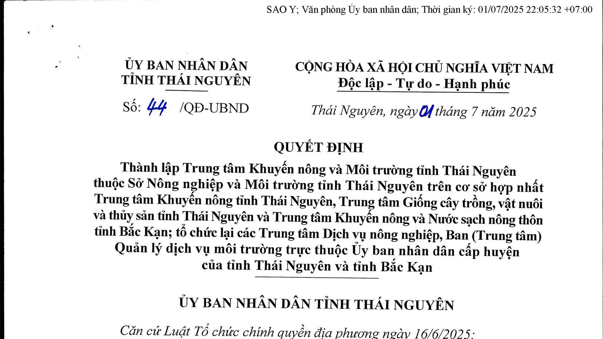 Thành lập Trung tâm Khuyến nông và Môi trường thuộc Sở Nông nghiệp và Môi trường tỉnh Thái Nguyên