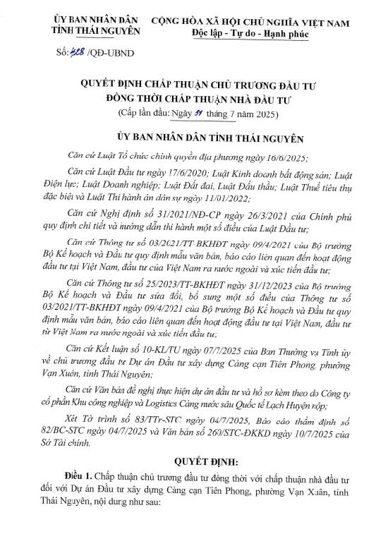 Chấp thuận chủ trương đầu tư đồng thời với chấp thuận nhà đầu tư đối với Dự án Đầu tư xây dựng Cảng cạn Tiên Phong, phường Vạn Xuân
