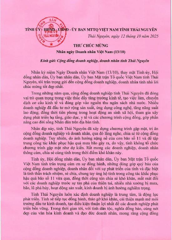 Thư chúc mừng ngày doanh nhân Việt Nam 13/10/2025 của đồng chí Trịnh Xuân Trường, Bí thư Tỉnh ủy Thái Nguyên