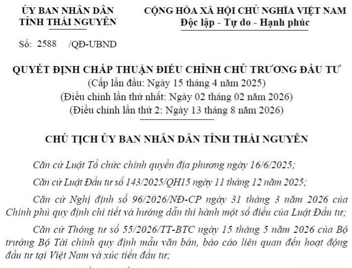 CHẤP THUẬN ĐIỀU CHỈNH CHỦ TRƯƠNG ĐẦU TƯ CỦA DỰ ÁN ĐẦU TƯ XÂY DỰNG VÀ KINH DOANH KẾT CẤU HẠ TẦNG KHU CÔNG NGHIỆP THƯỢNG ĐÌNH