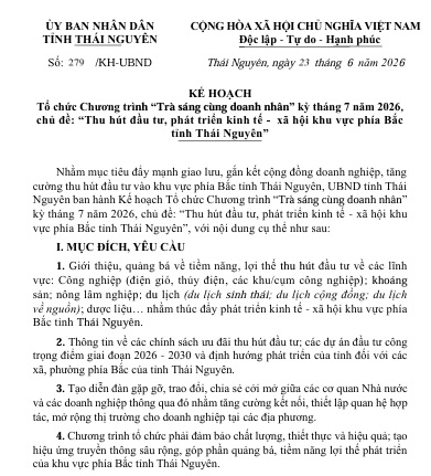 Tỉnh Thái Nguyên tổ chức chương trình “Trà sáng cùng doanh nhân” kết hợp với hội nghị xúc tiến đầu tư vào đầu tháng 07/2026