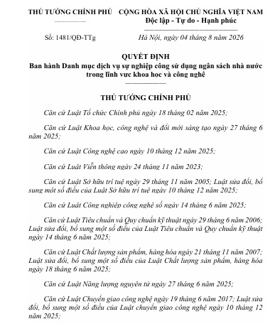 Ban hành Danh mục dịch vụ sự nghiệp công sử dụng ngân sách nhà nước trong lĩnh vực khoa học và công nghệ