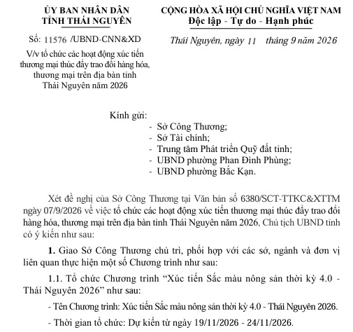 THÁI NGUYÊN TỔ CHỨC CHUỖI SỰ KIỆN XÚC TIẾN THƯƠNG MẠI VÀ FESTIVAL NÔNG SẢN NĂM 2026