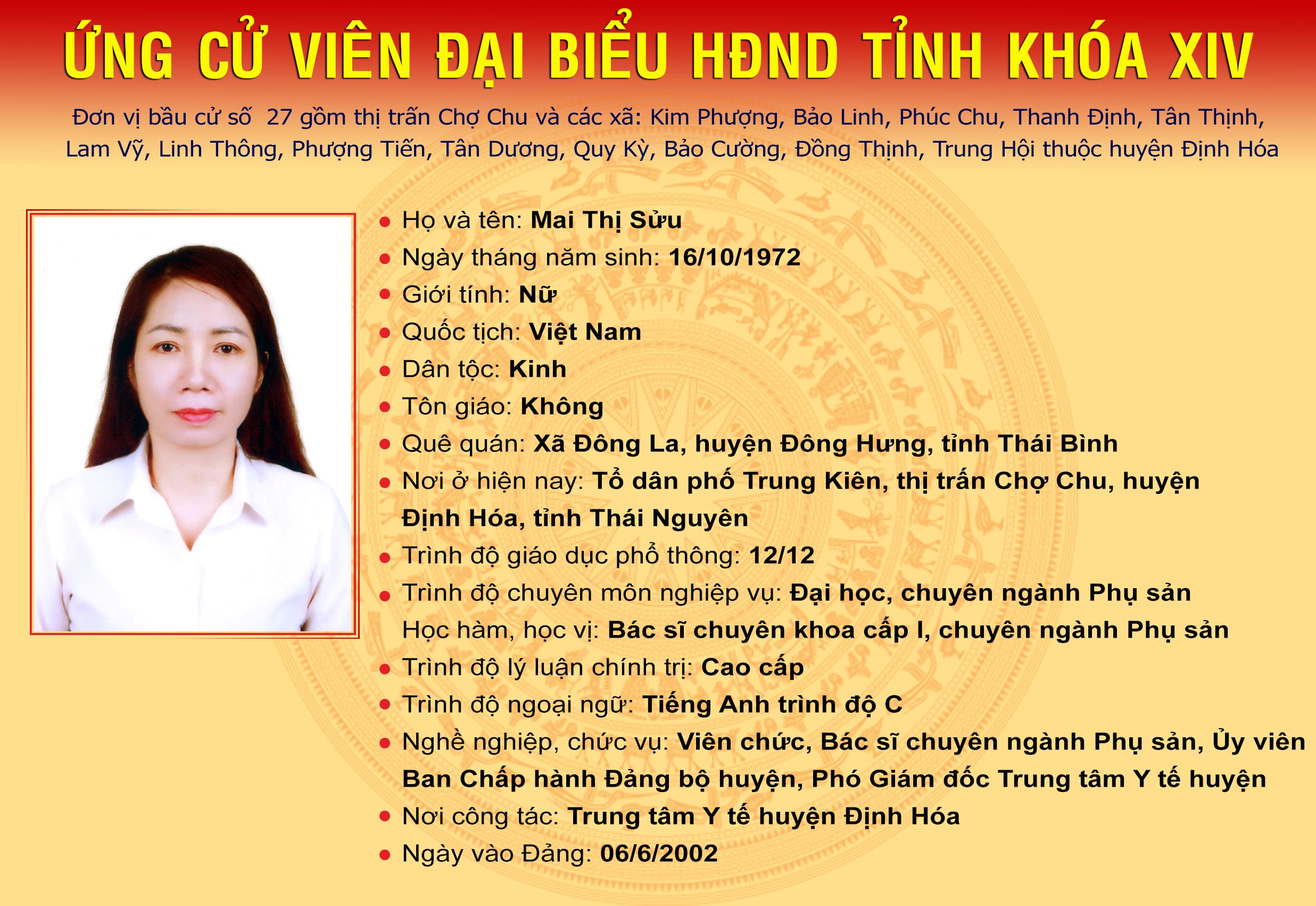 Các ứng cử viên đại biểu HĐND tỉnh Thái Nguyên khóa XIV, nhiệm kỳ 2021 - 2026 tại Đơn vị bầu cử số 27: Huyện Định Hóa -0