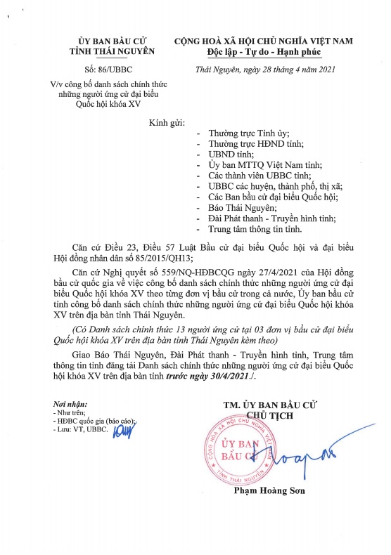 Danh sách chính thức những người ứng cử đại biểu Quốc hội khóa XV trên địa bàn tỉnh Thái Nguyên -0