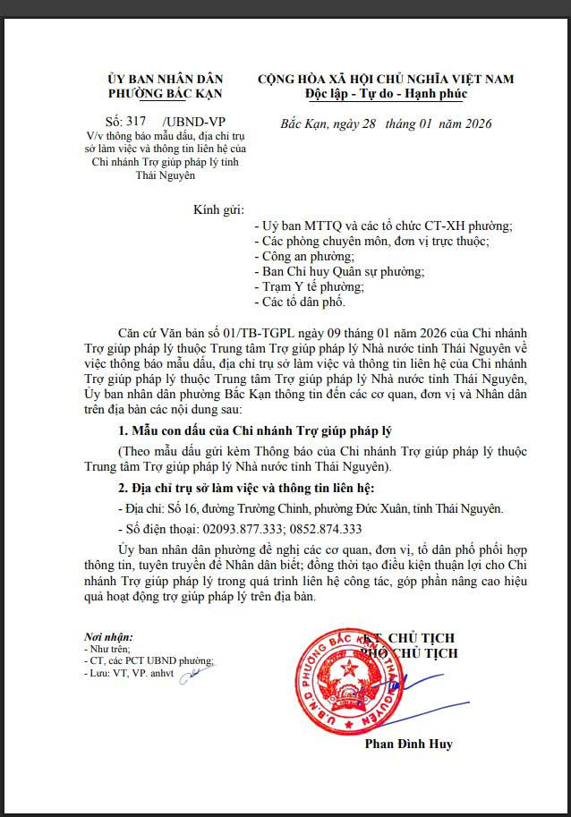 Về việc  thông báo mẫu dấu, địa chỉ trụ sở làm việc và thông tin liên hệ của Chi nhánh Trợ giúp pháp lý tỉnh Thái Nguyên