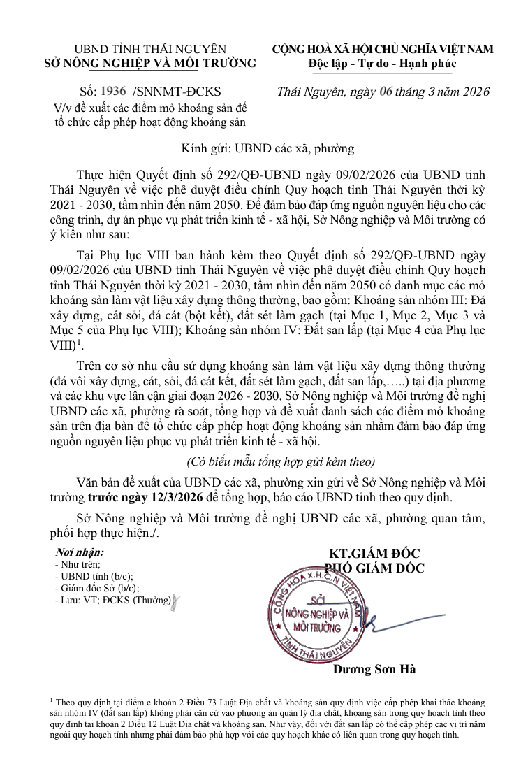 Công văn V/v đề xuất các điểm mỏ khoáng sản để tổ chức cấp phép hoạt động khoáng sản