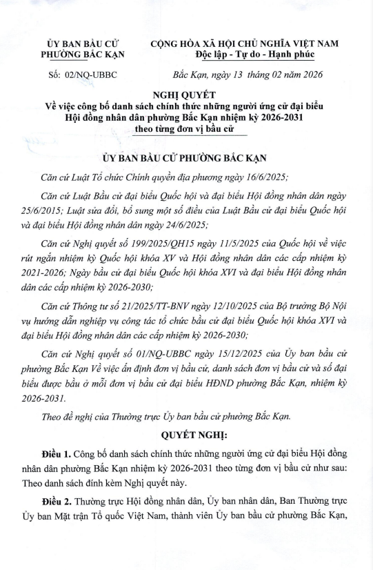Nghị quyết về việc công bố danh sách chính thức những người ứng cử đại biểu HĐND phường Bắc Kạn nhiệm kỳ 2026-2031
