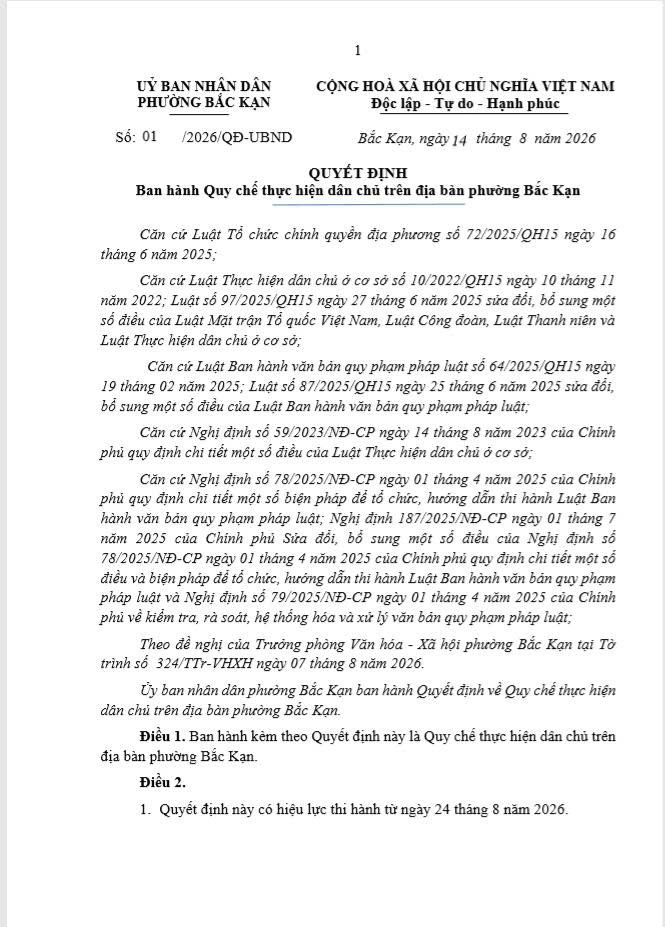 Quyết định 01/2026/QĐ-UBND Ban hành Quy chế thực hiện dân chủ trên địa bàn phường Bắc Kạn 