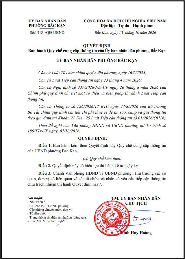 QUYẾT ĐỊNH 1518/ QĐ-UBND ngày 13/10/2026 Ban hành Quy chế cung cấp thông tin của Ủy ban nhân dân phường Bắc Kạn