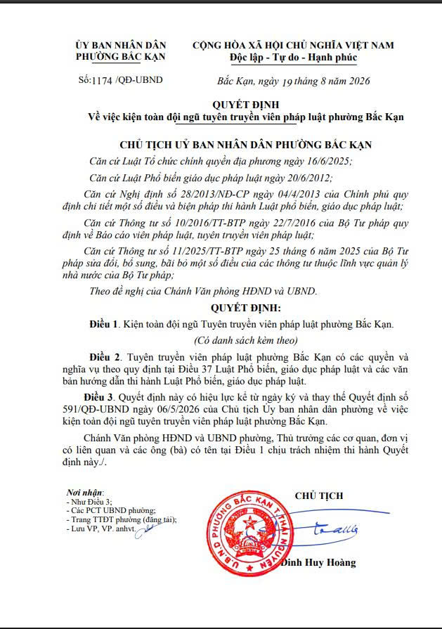 QUYẾT ĐỊNH Về việc kiện toàn đội ngũ tuyên truyền viên pháp luật phường Bắc Kạn