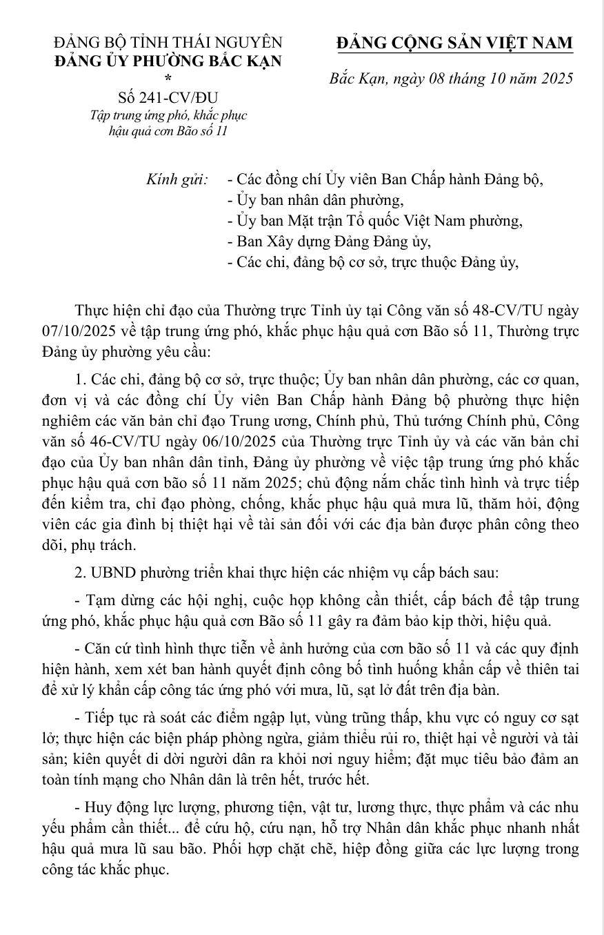 Công văn số về tập trung ứng phó, khắc phục hậu quả cơn Bão số 11