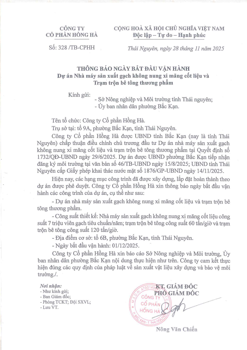 Thông báo thời gian vận hành dự án nhà máy sản xuất gạch không nung trên địa bàn phường Bắc Kạn