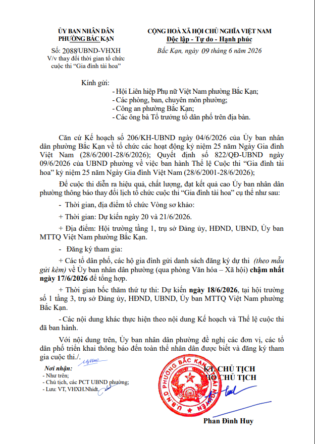 CV V/v thay đổi thời gian tổ chức cuộc thi "Gia đình tài hoa"