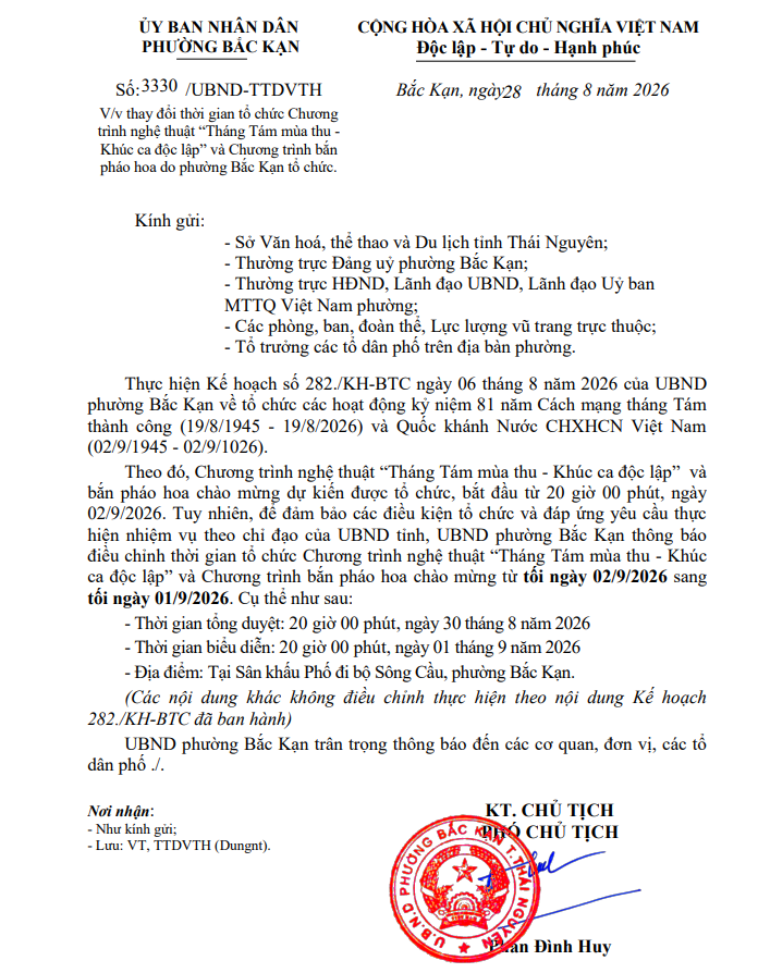 Công văn V/v thay đổi thời gian tổ chức Chương trình nghệ thuật “Tháng Tám mùa thu - Khúc ca độc lập” và Chương trình bắn pháo hoa do phường Bắc Kạn tổ chức.
