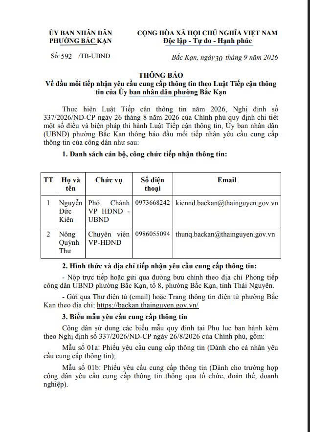 Thông báo 592 Về đầu mối tiếp nhận yêu cầu cung cấp thông tin theo Luật Tiếp cận thông tin của Ủy ban nhân dân phường Bắc Kạn