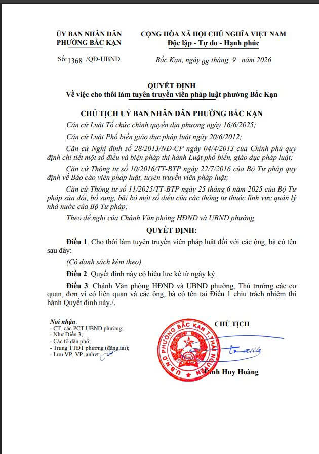 Quyết định 1368/QĐ-UBND Về việc cho thôi làm tuyên truyền viên pháp luật phường Bắc Kạn