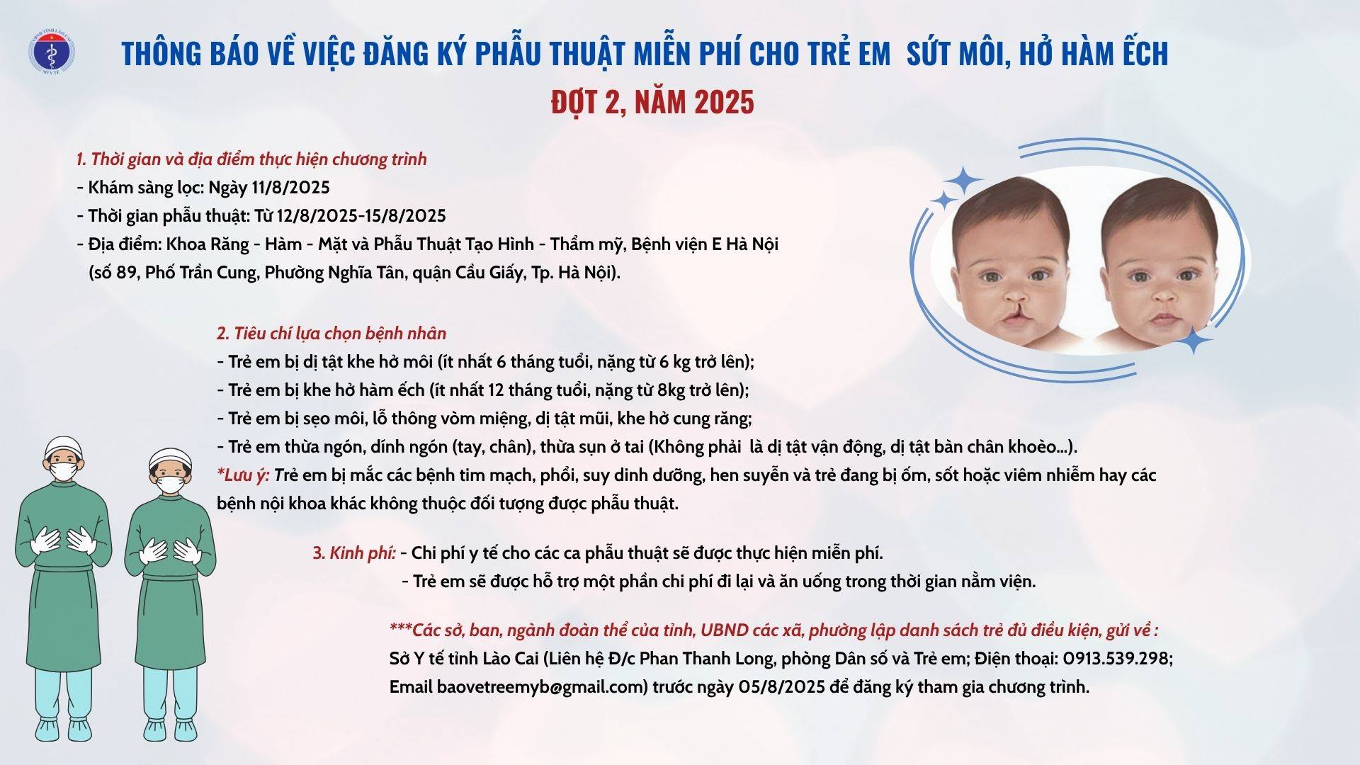 Đăng ký phẫu thuật miễn phí cho trẻ em sứt môi, hở hàm ếch đợt 2, năm 2025