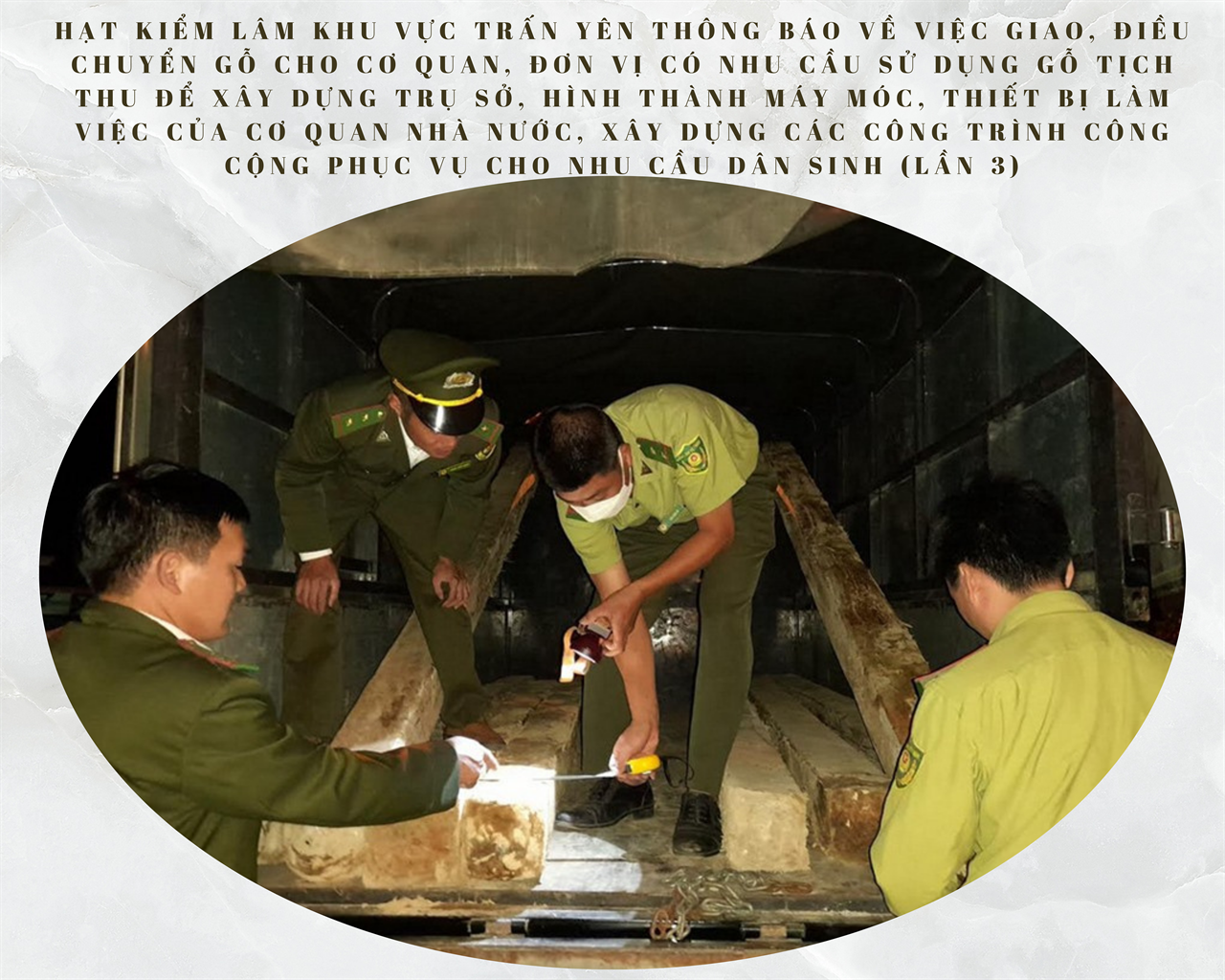 Hạt Kiểm Lâm khu vực Trấn Yên thông báo Về việc giao, điều chuyển gỗ cho cơ quan, đơn vị có nhu cầu sử dụng gỗ tịch thu để xây dựng trụ sở, hình thành máy móc, thiết bị làm việc của cơ quan nhà nước, xây dựng các công trình công cộng phục vụ cho nhu cầu dân sinh (lần 3)