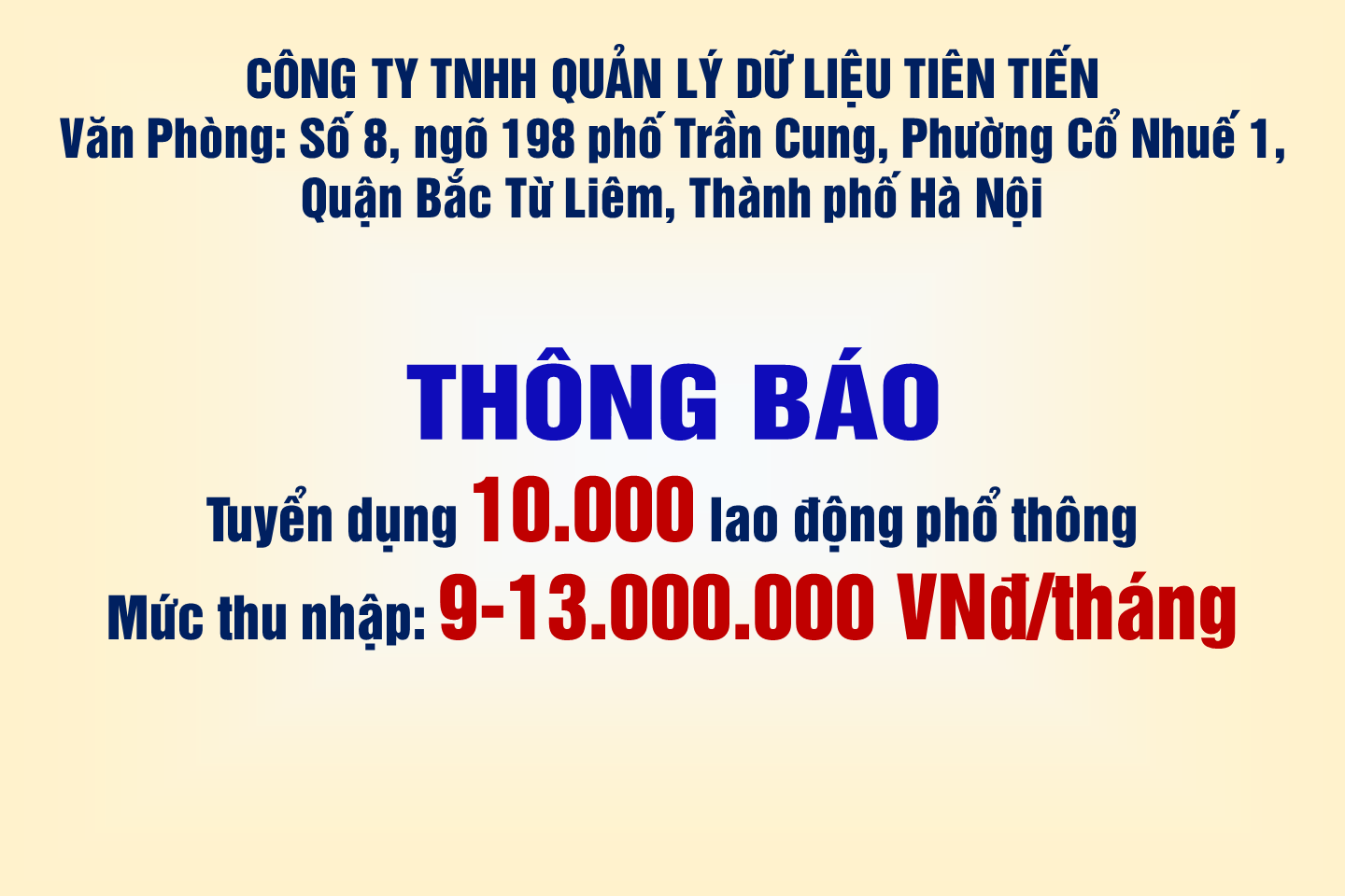 Công ty TNHH quản lý dữ liệu tiên tiến thông báo tuyển dụng lao động