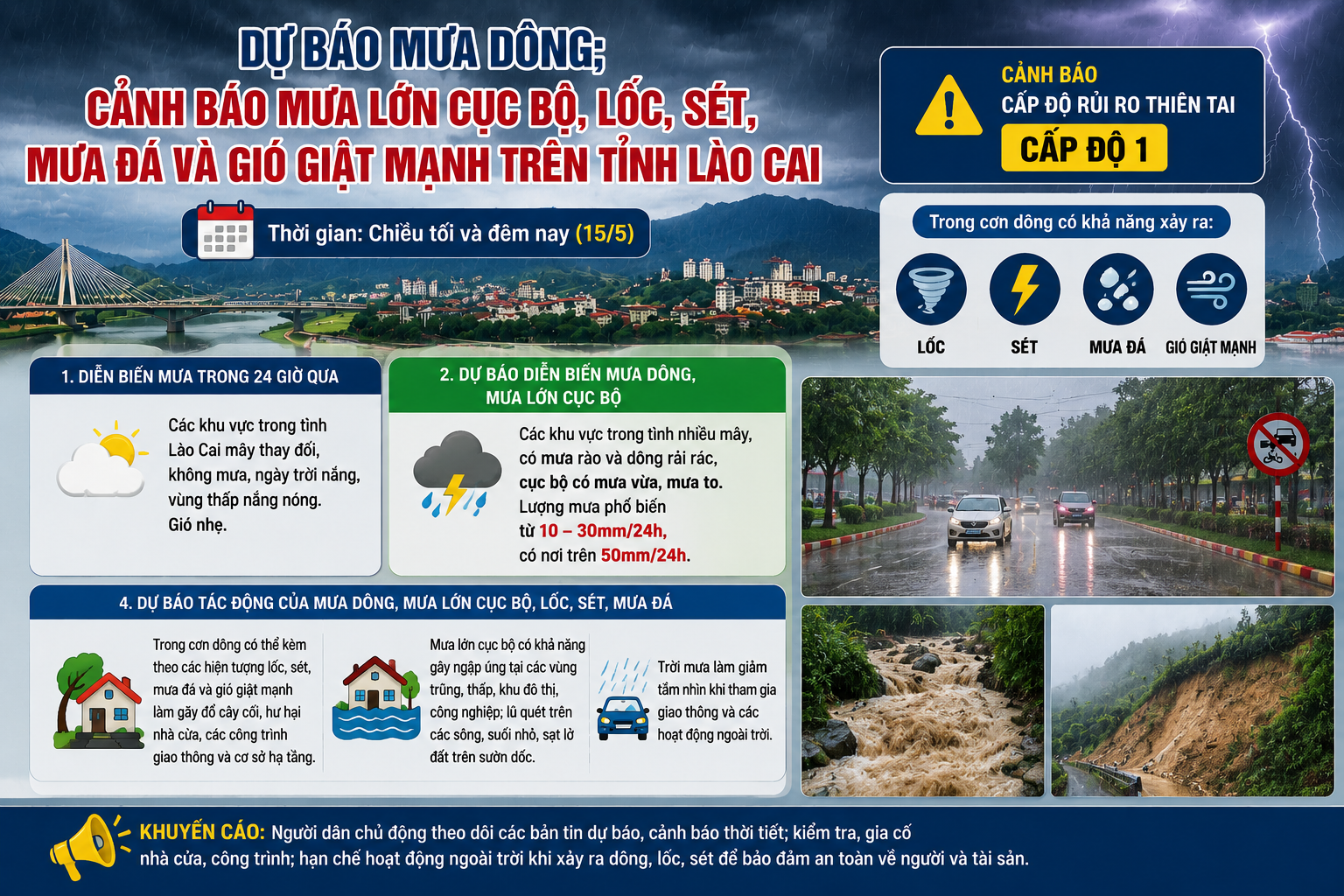 Cảnh báo mưa lớn cục bộ, lốc, sét, mưa đá và gió giật mạnh trên địa bàn tỉnh Lào Cai từ chiều 15/5/2026